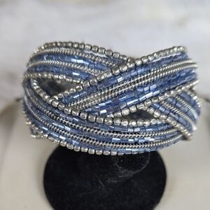 B-011-Elegant Silver Tone and Blue Beaded Bracelet